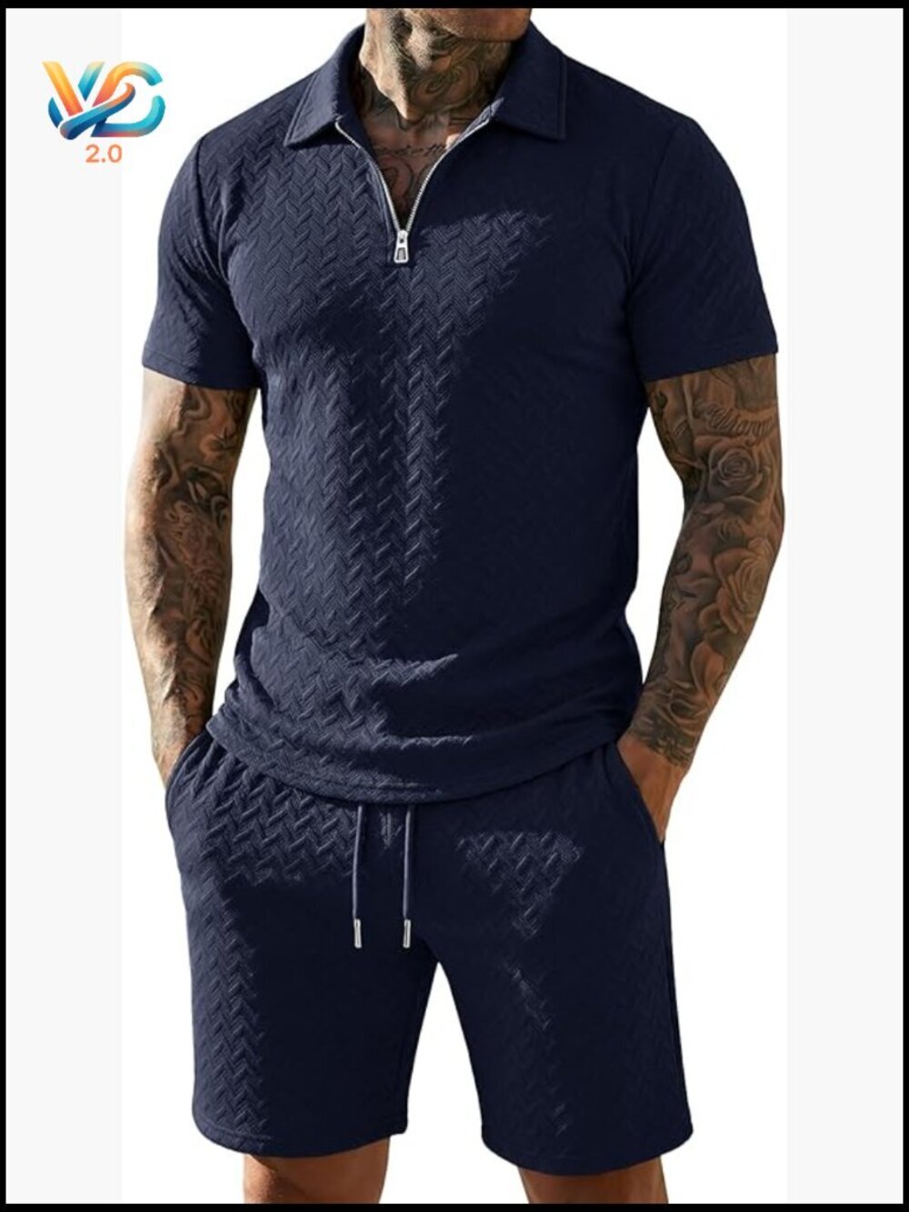 Mens Textured Polo Shirt and Shorts Set 2 Piece Summer Tracksuit Quarter Zip